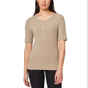 NWT Mondetta Ribbed Short Sleeved Henley XL Scoop Neck Top Womens Beige Tan